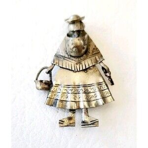 RARE 2" Antique Sterling Silver Peruvian 3D Figural Woman Pin Brooch Folk Art